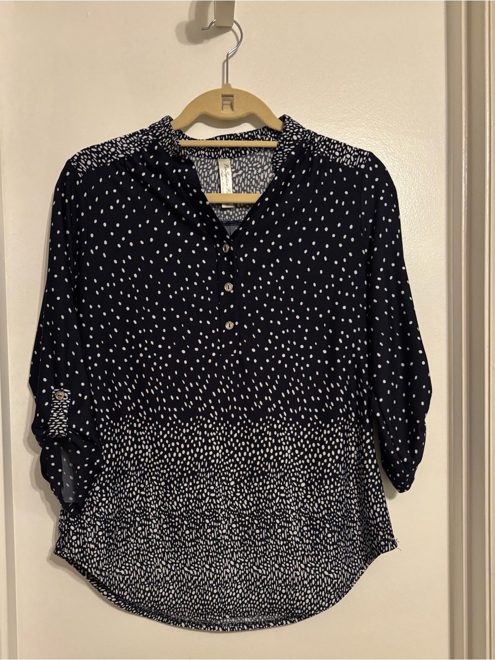 Perseption Navy and White Dot-Pattern Button Front Blouse